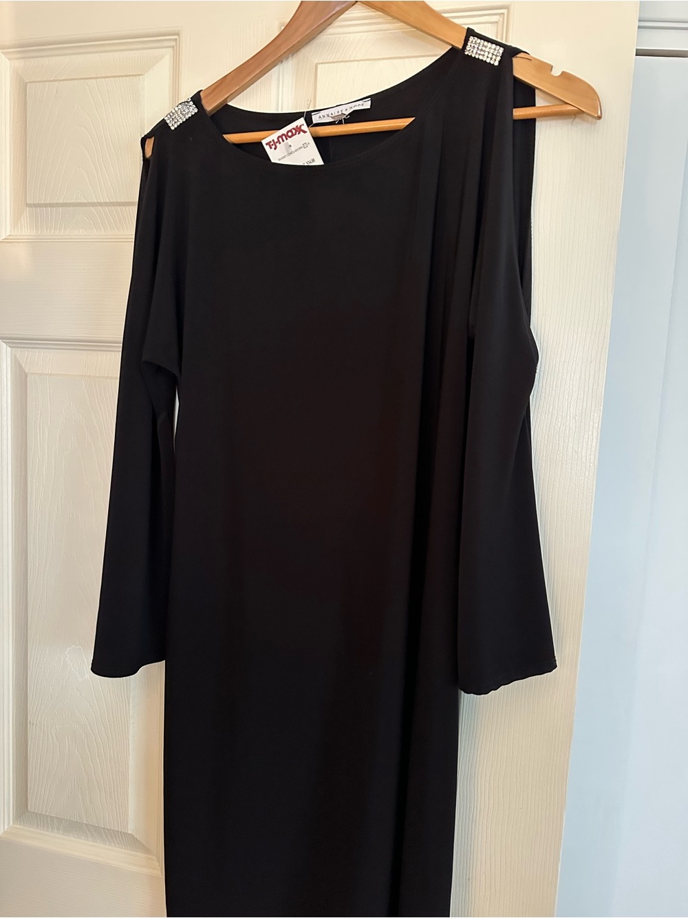 Annalee + Hope Black Open Shoulder Evening Dress with Rhinestone Shoulder Accent